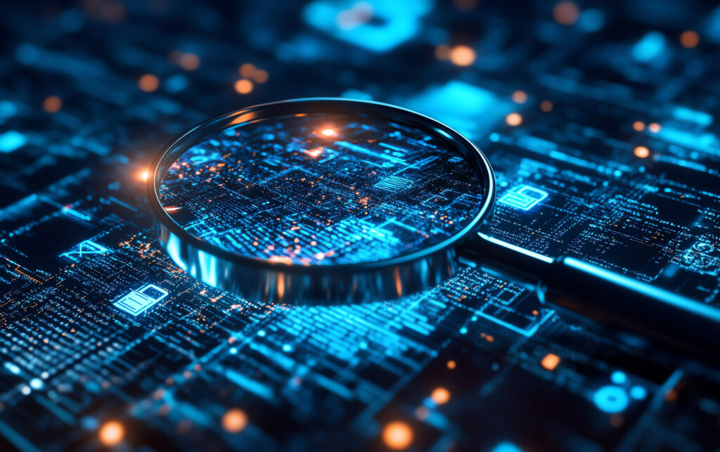 magnifying glass on a technology inspired surface