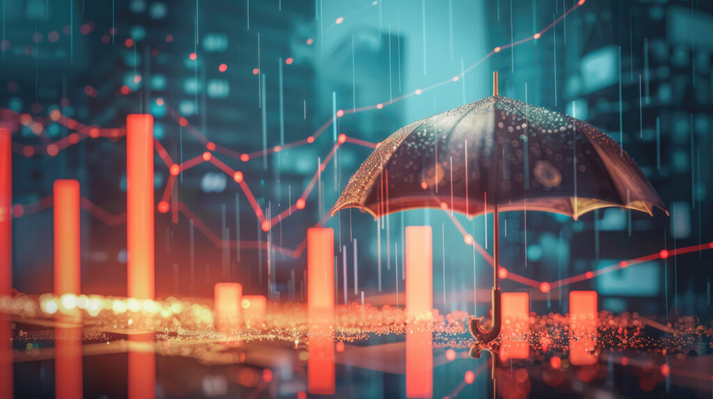 decorative rendering of an umbrella in a city on a rainy day